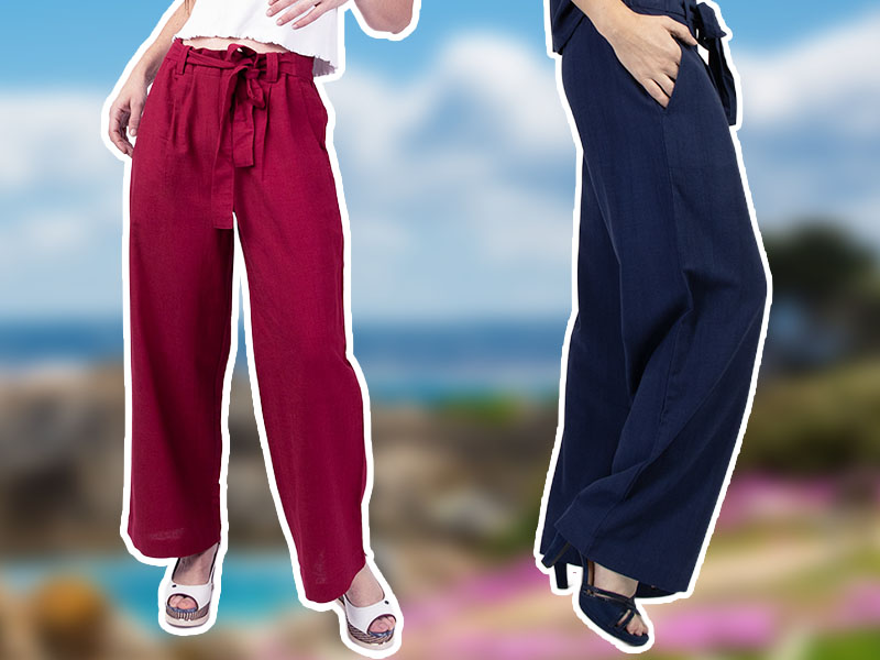pantalon femme gamme unie viscose coton lin bleu framboise