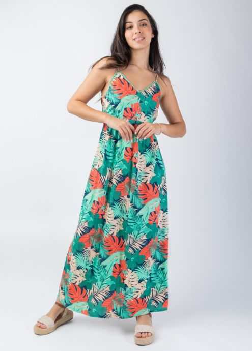 robe longue motif tropical vert 