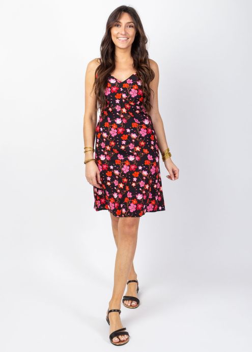robe courte droite noire en viscose imprime fleuri encolure en v