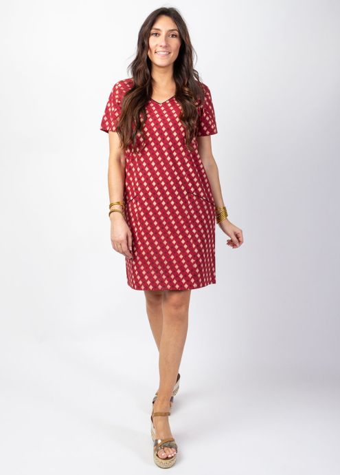 robe courte en coton encolure en v motif ethnique avec poches face