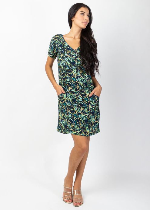 robe courte encolure en v motif tropical bleu marine ouverture dans le dos 