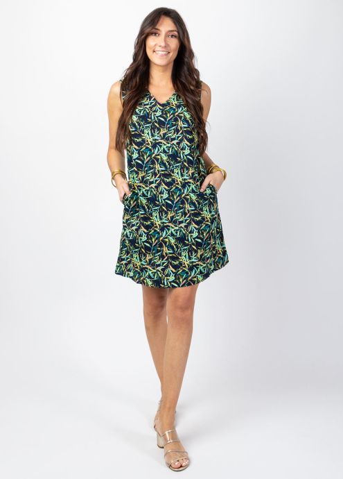 robe courte en coton larges bretelles motif tropical face