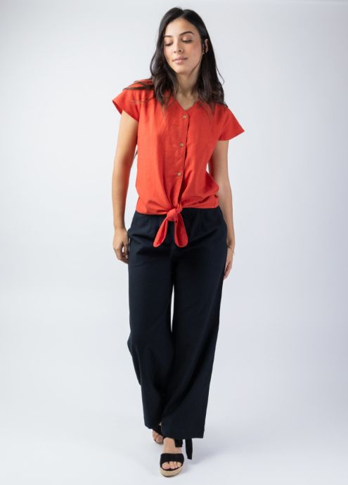 top manches courtes uni terracotta encolure en v
