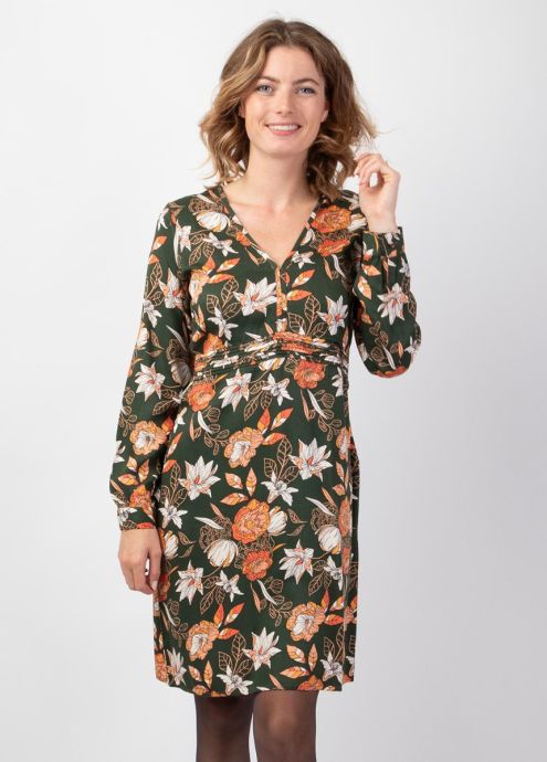 robe courte hiver cintrée motif fleuri kaki zoom