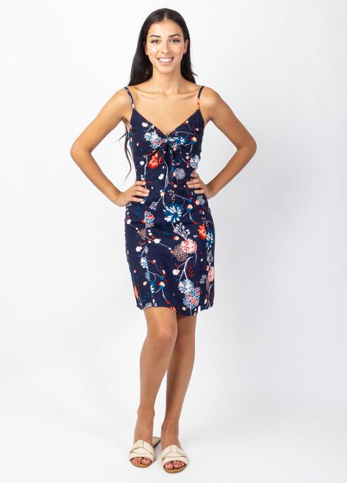 robe courte en viscose crêpe à fines bretelles petite fente genou encolure en v