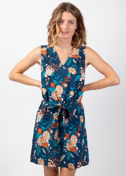 robe courte bleu fleurie encolure v larges bretelles zoom