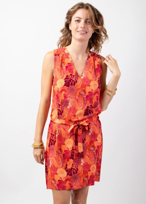 robe courte orange lumineux fleurie encolure v larges bretelles zoom
