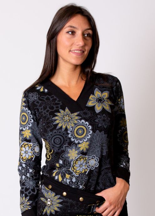 top hiver femme noir motif mandala gris jaune