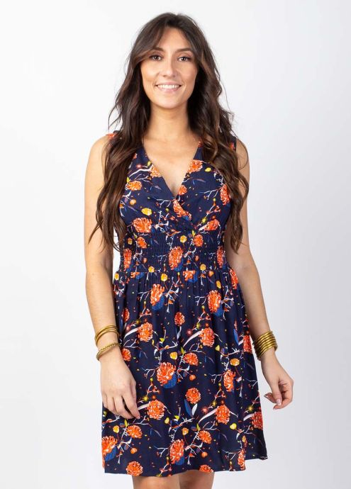 robe courte larges bretelles motif fleuri bleu marine  zoom