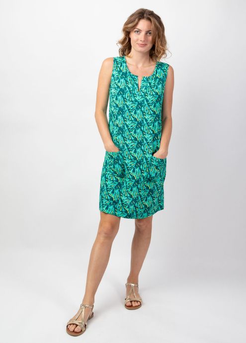 robe courte verte motif tropical femme été face