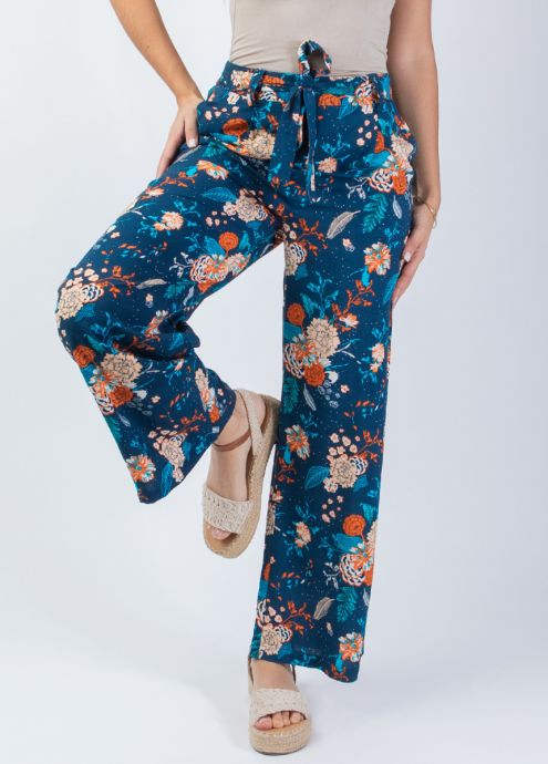 pantalon femme en viscose léger motif fleuri coloré bleu et orange zoom