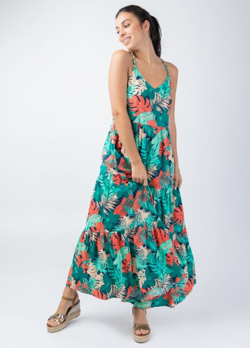 robe longue de plage bretelles torsadées motif floral tropical coloré face