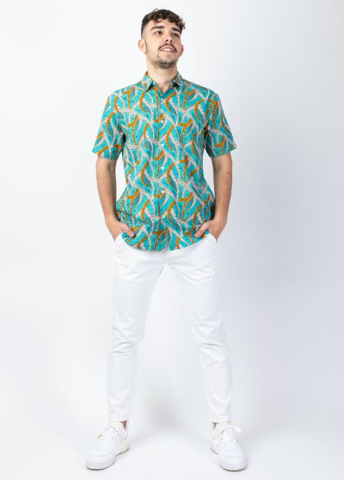 chemise homme été manches courtes motif ethnique bleu face