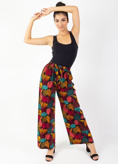 pantalon fluide jambes larges motif tropical orangé