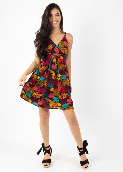 robe courte fines bretelles motifs tropicaux orangés face
