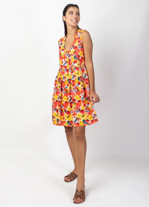 robe courte coupe ample sans manches motif fleuri face