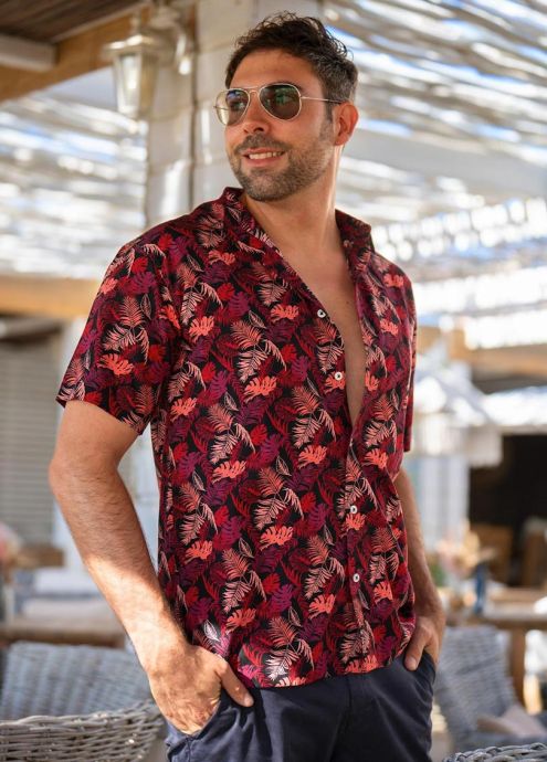 chemise homme été manches courtes imprimé tropical prune viscose coton exterieur