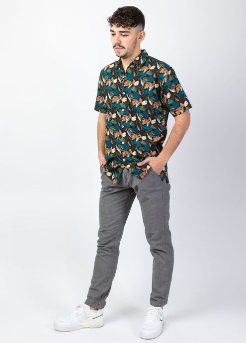 chemise homme été manches courtes imprimé tropical vert bleu orange face