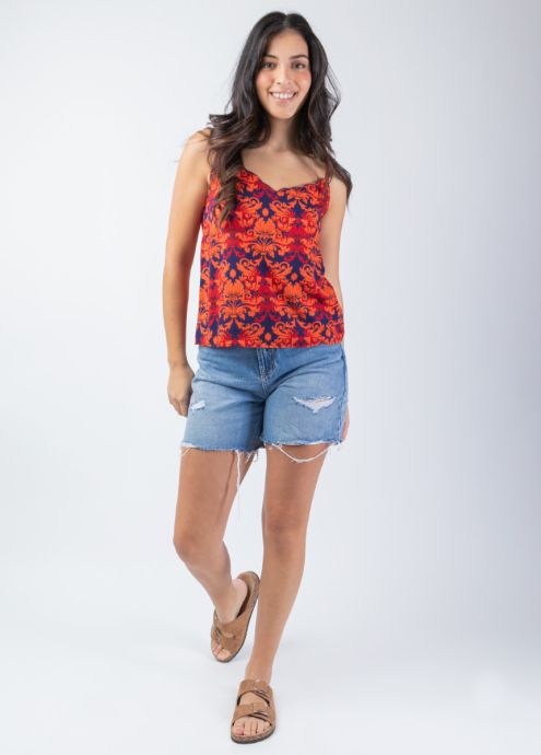 top femme été motif ethnique marine orange face