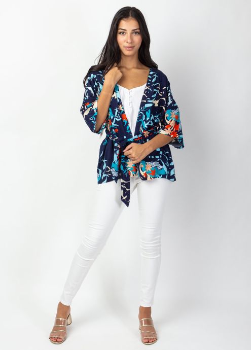 veste kimono coupe courte bleu marine manches courtes pagode