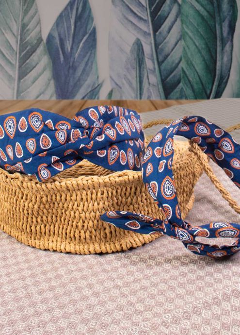 bandeau africain noeud et twist imprimé boho camel sur fond marine