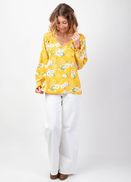 blouse manches longues motif fleuri jaune
