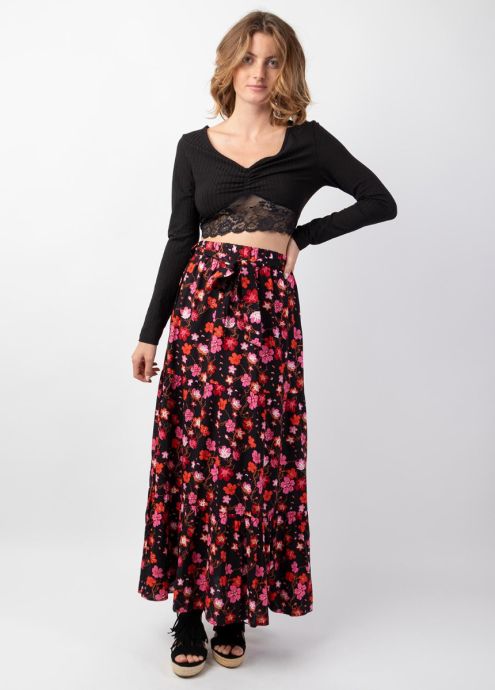 jupe longue noire imprimé petites fleurs colorées casual chic