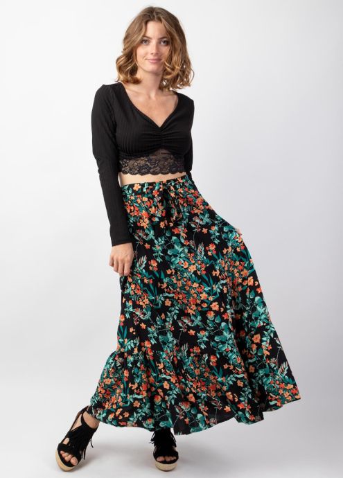 jupe longue noire imprimé fleuri multicolore face