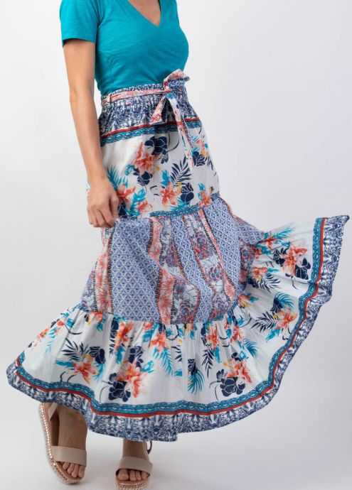 jupe longue femme été imprimé patchwork bleu zoom