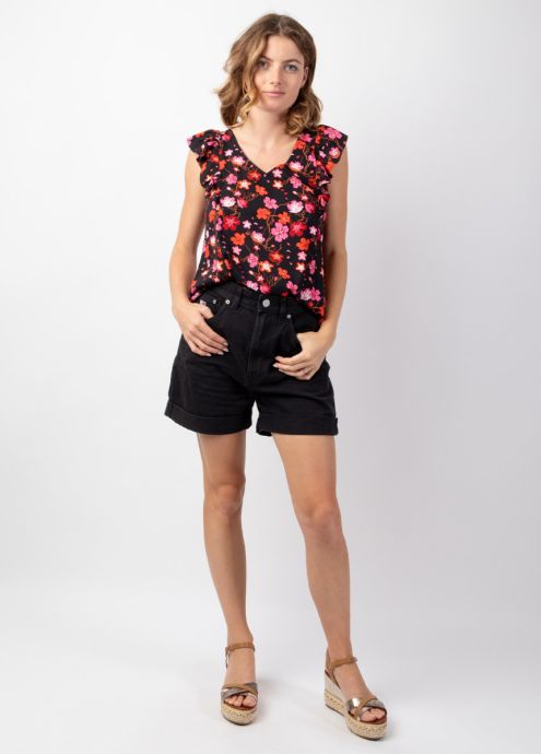 top femme été noir fleuri encolure en v devant et dos face
