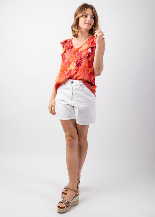 top femme été imprimé fleuri couleur estivale orangé face