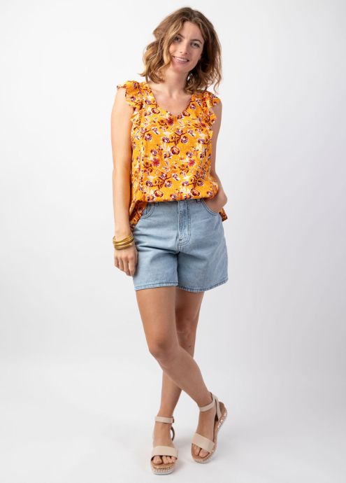 top femme encolure en v motif fleuri jaune volant sur épaule