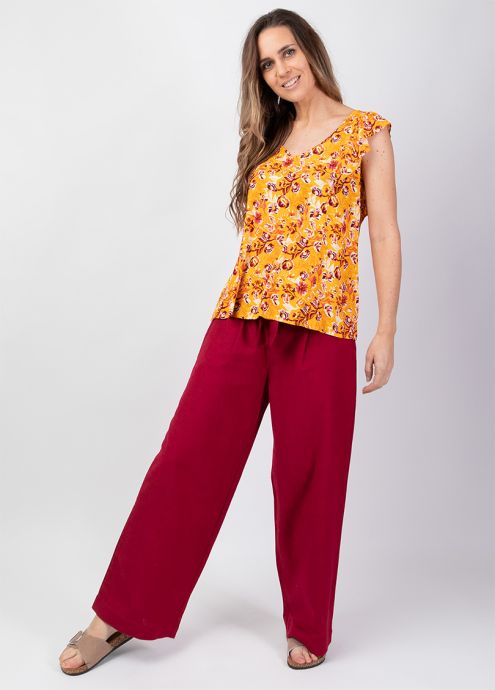 top femme encolure en v motif fleuri jaune volant sur épaule