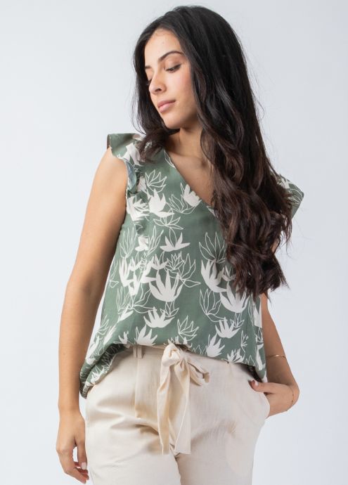 top femme été kaki motif fleur de lotus zoom