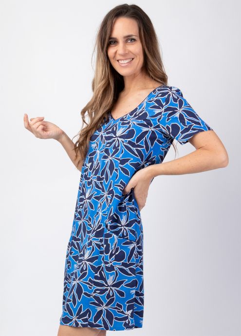robe femme été manches courtes motif fleuri bleu