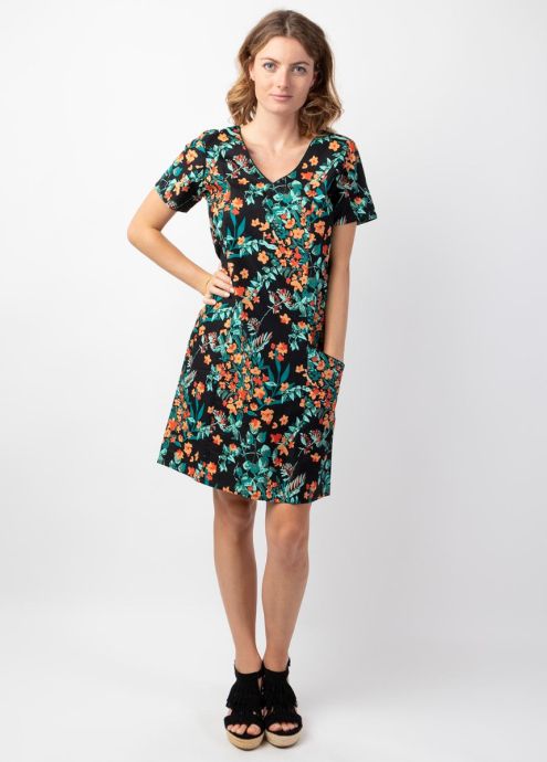 robe femme été noire manches courtes motif fleurs coloré face