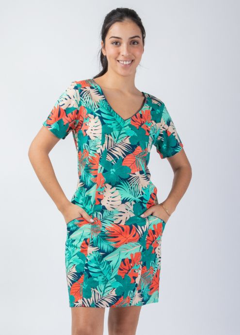 robe femme été encolure en v  motif feuillage coloré zoom