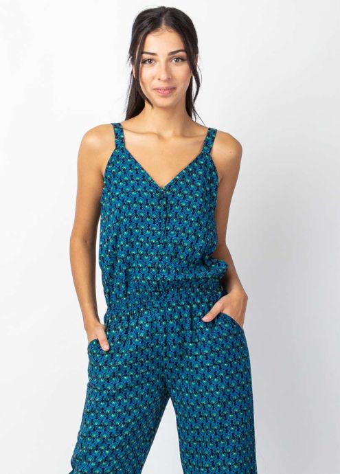 combi pantalon bleu motif ethnique fleuri bretelle encolure v zoom