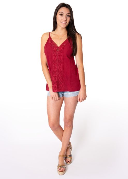 Top fines bretelles en coton brodé CORINE bordeaux