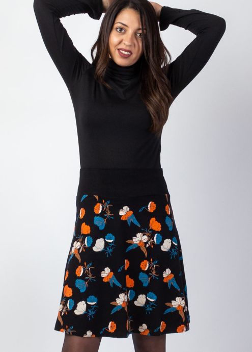 jupe courte hiver 100% coton noire motif fleuri zoom