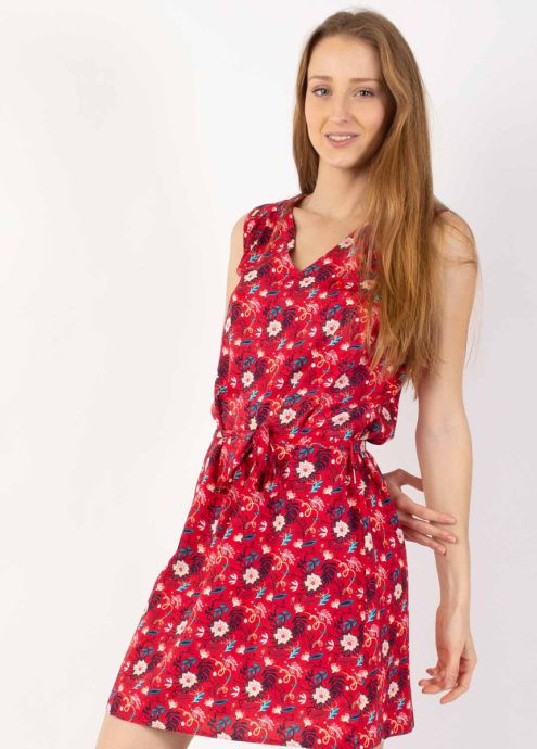 robe courte ceinturée rouge motif fleuri zoom