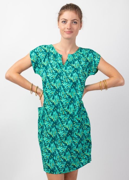 robe femme été verte motif tropical manches courtes zoom
