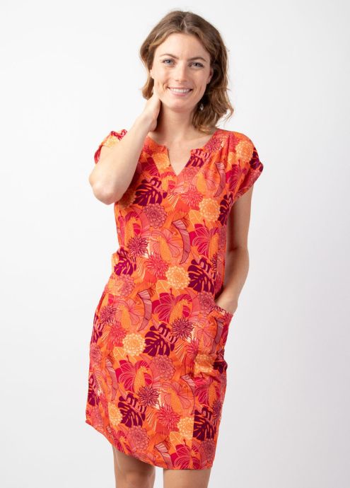 robe courte viscose coton motif tropical orangé encolure tunisienne zoom