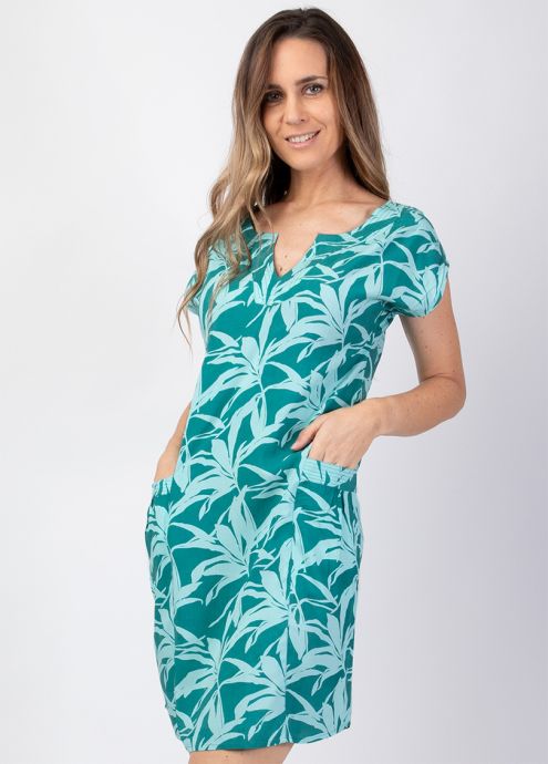 robe courte motif fleuri turquoise encolure tunisienne zoom