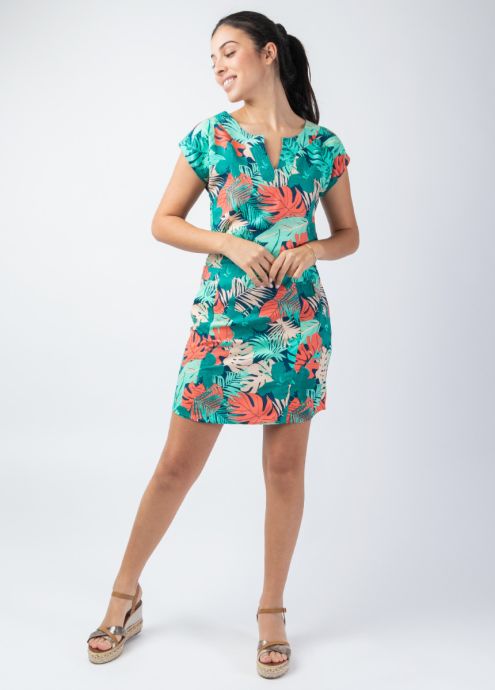 robe courte motif feuillage encolure tunisienne face