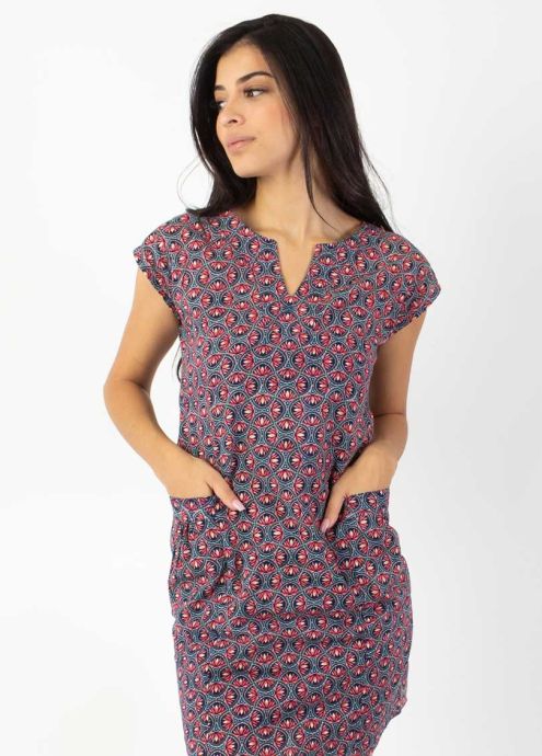 robe courte petites manches imprimé fleur de lotus col tunisien zoom
