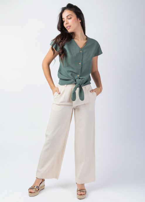 top manches courtes uni kaki encolure en v