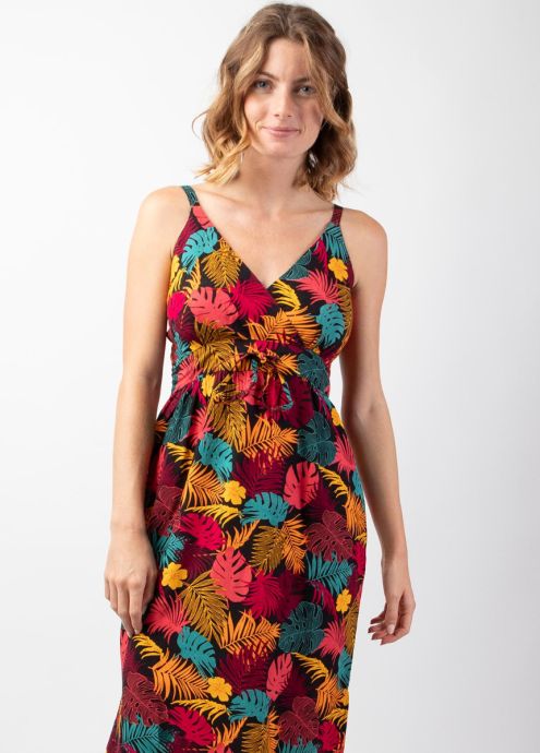 robe longue fendue viscose à fines bretelles motif tropical zoom