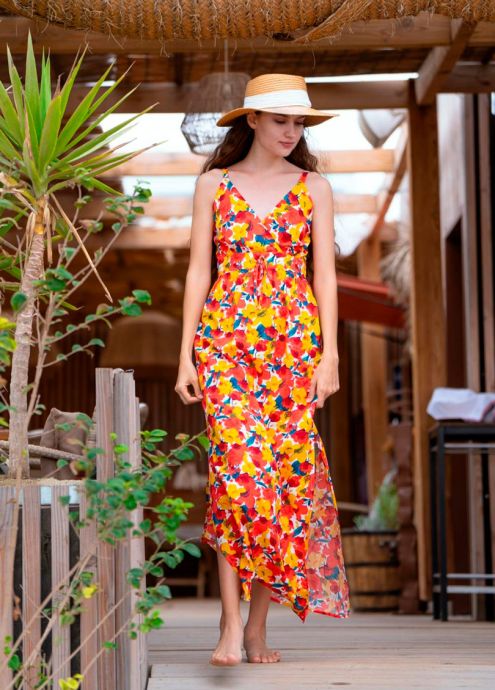 robe longue viscose à fines bretelles motif fleuri encolure en V face