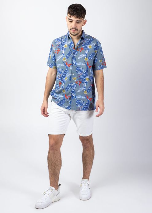 chemise homme été motif ethnique fleuri coloré sur fond gris  manches courtes